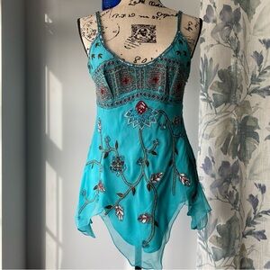 y2k sequin beaded floral embellished silk asymmetrical fairy top - turquoise